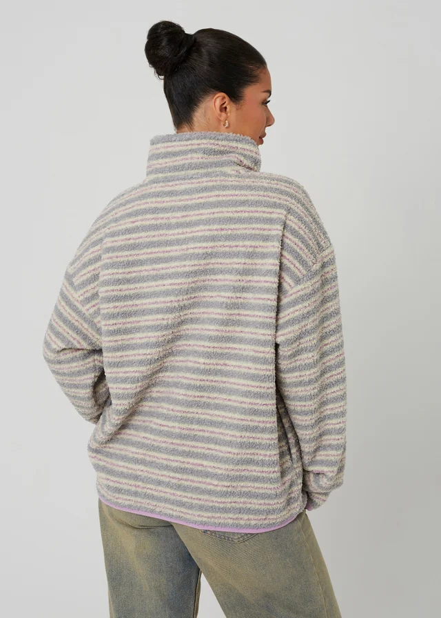 Brave Soul Lilac Sherpa Fleece Striped Print Sweatshirt