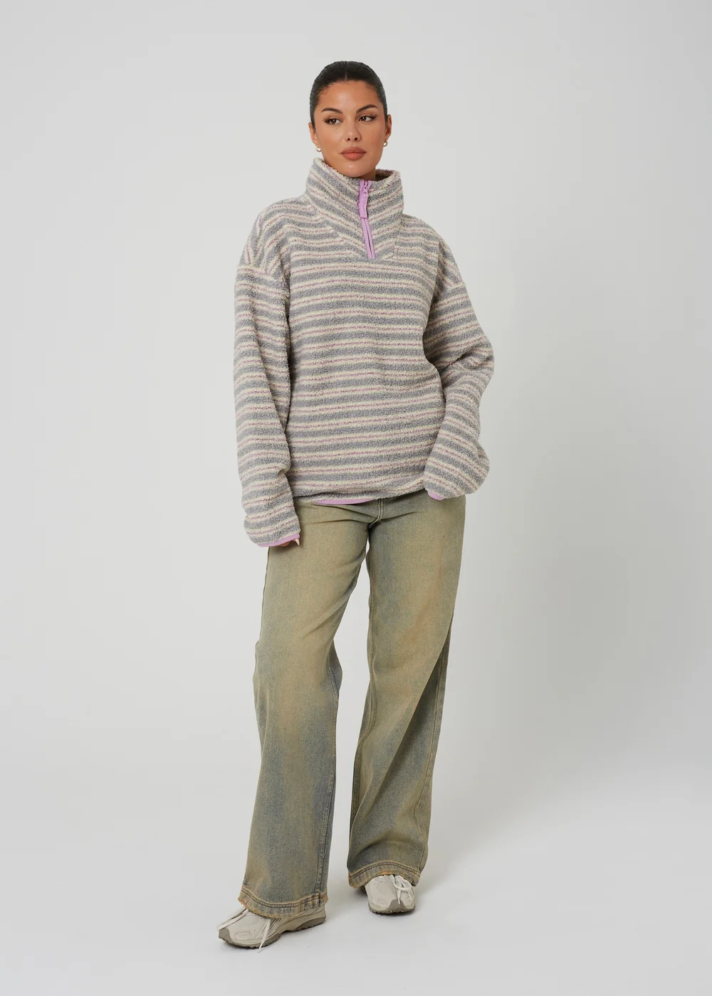 Brave Soul Lilac Sherpa Fleece Striped Print Sweatshirt - XS Image 3