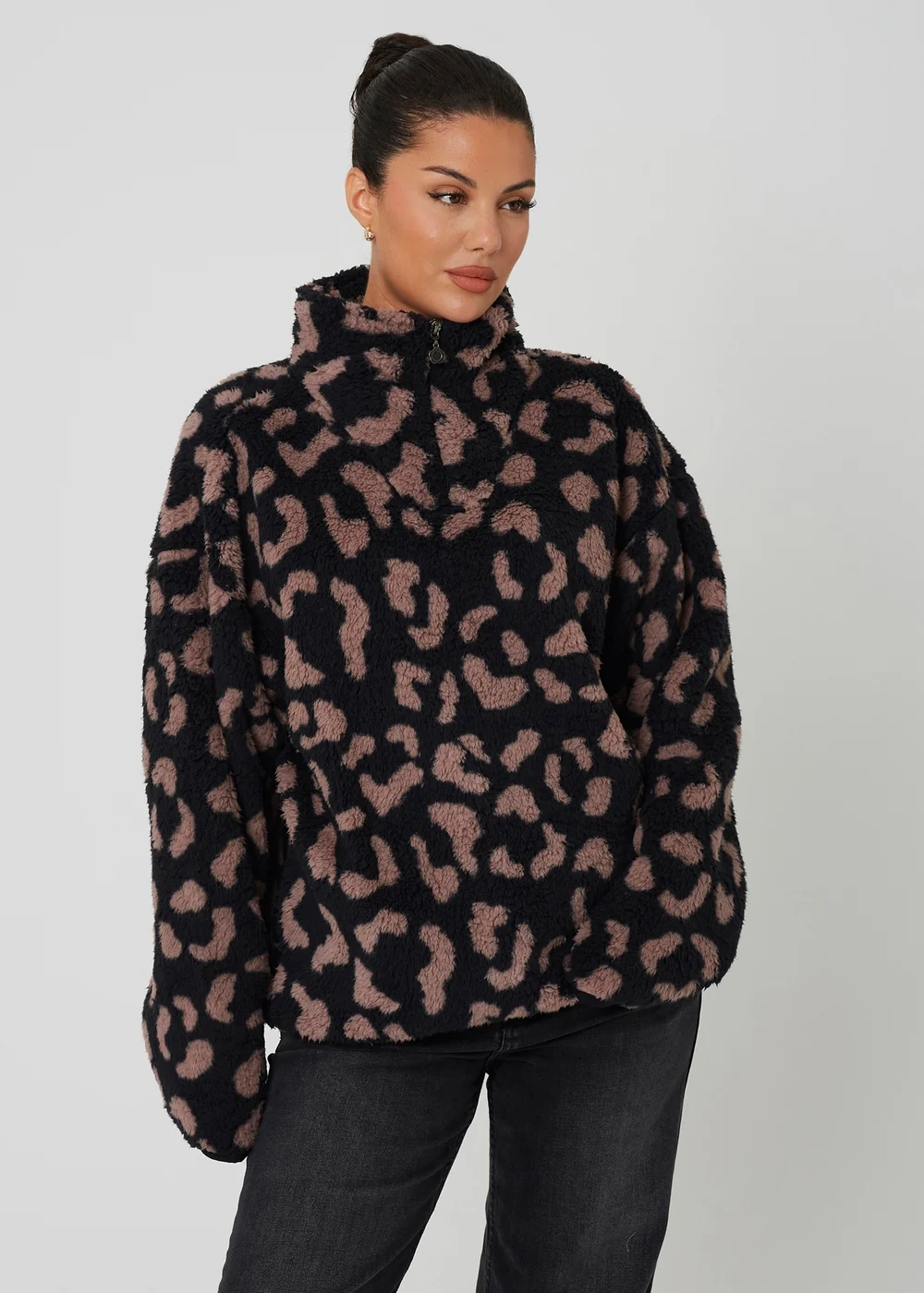 Brave Soul Black Animal Print Sherpa Fleece Sweatshirt - M Image 1