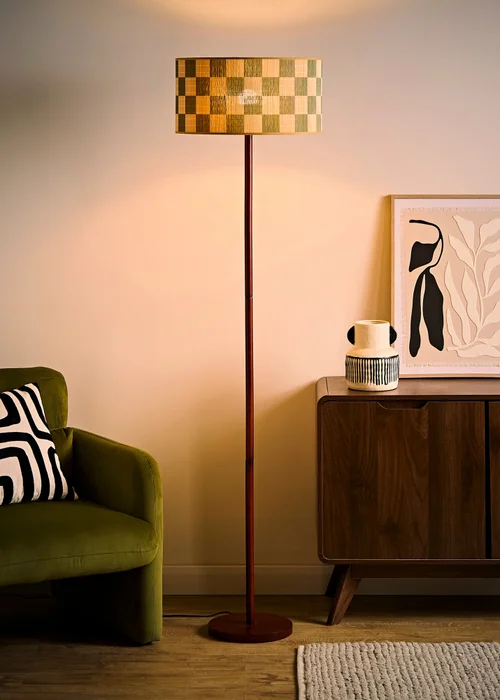 ValueLights Heather Dark Wood Floor Lamp with Checkerboard Bamboo Drum Shade - One Size Image 2