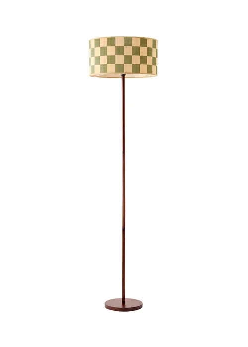 ValueLights Heather Dark Wood Floor Lamp with Checkerboard Bamboo Drum Shade - One Size Image 5