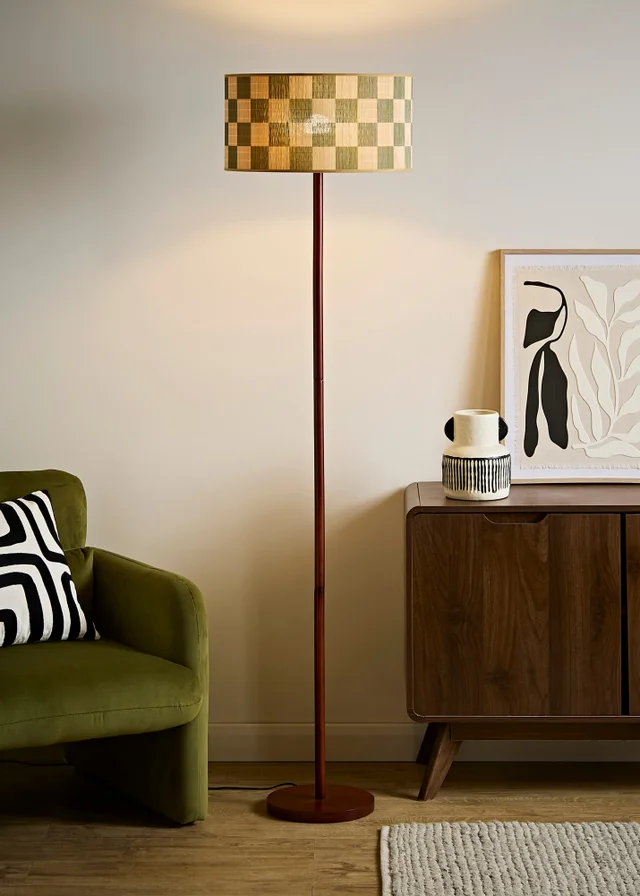 ValueLights Heather Dark Wood Floor Lamp with Checkerboard Bamboo Drum Shade
