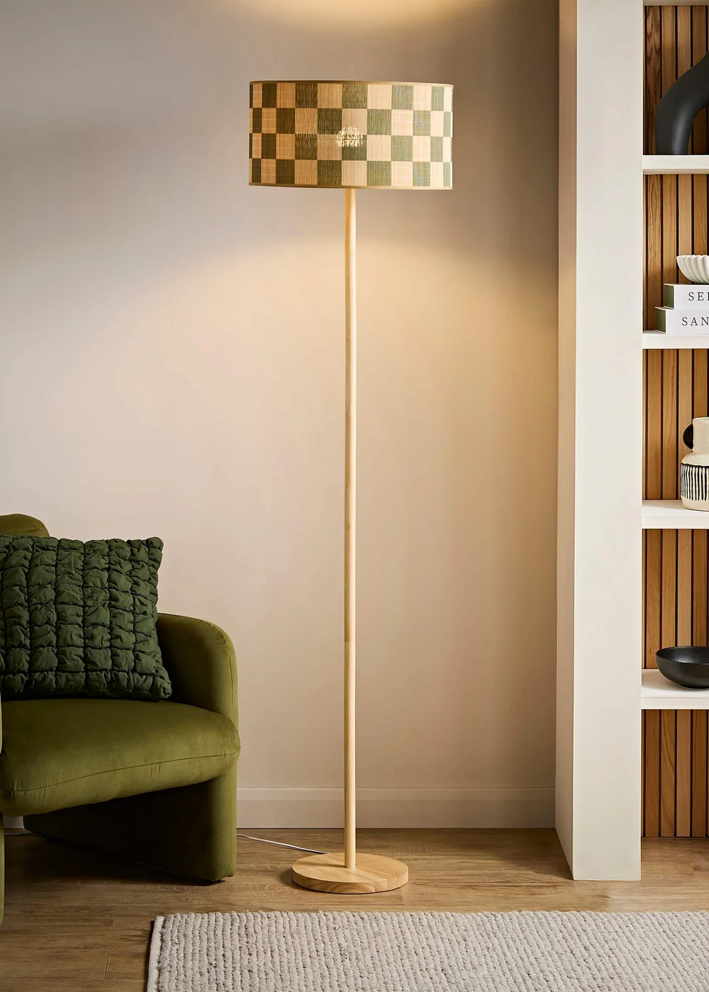ValueLights Heather Light Wood Stem Floor Lamp with Checkerboard Bamboo Drum Shade - One Size Image 1