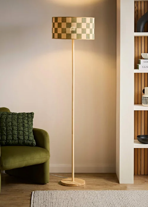 ValueLights Heather Light Wood Stem Floor Lamp with Checkerboard Bamboo Drum Shade - One Size Image 1