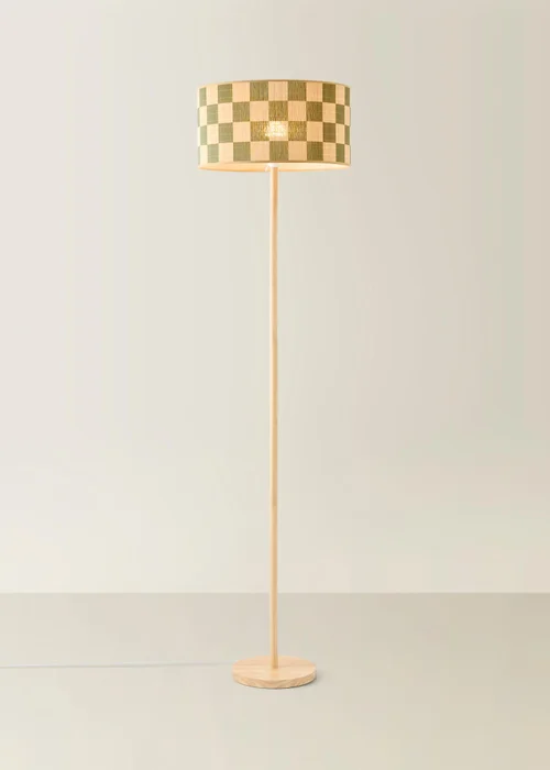 ValueLights Heather Light Wood Stem Floor Lamp with Checkerboard Bamboo Drum Shade - One Size Image 3