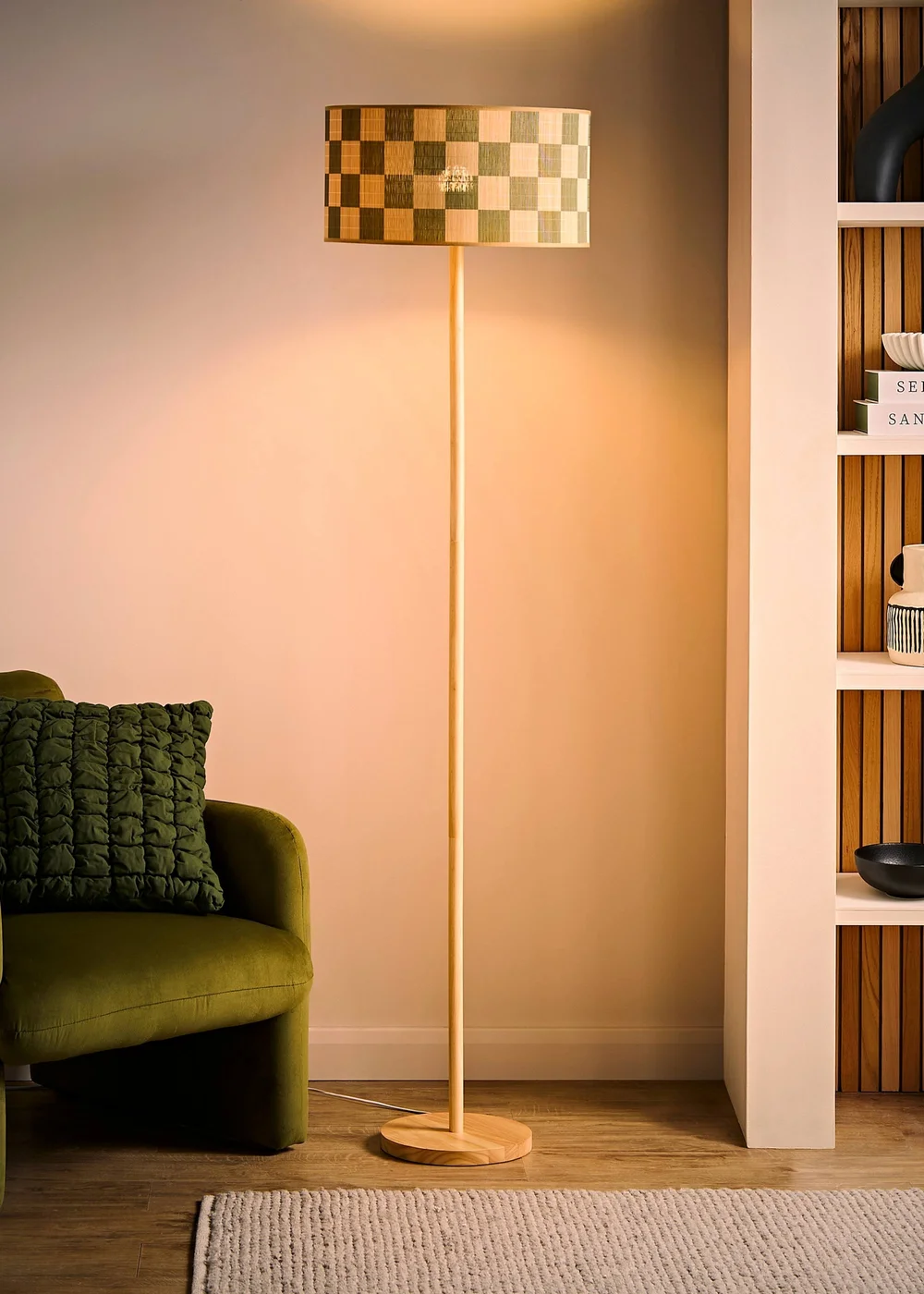 ValueLights Heather Light Wood Stem Floor Lamp with Checkerboard Bamboo Drum Shade - One Size Image 2