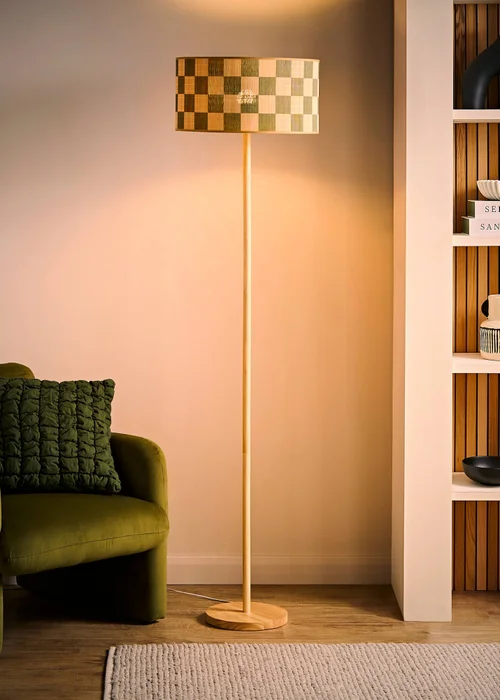ValueLights Heather Light Wood Stem Floor Lamp with Checkerboard Bamboo Drum Shade - One Size Image 2