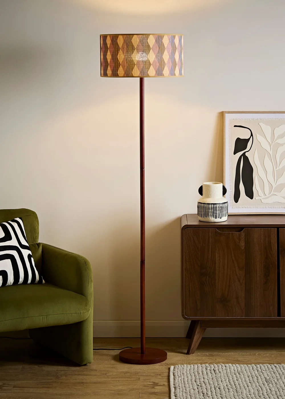 ValueLights Heather Dark Wood Stem Floor Lamp with Harlequin Bamboo Drum Shade - One Size Image 1