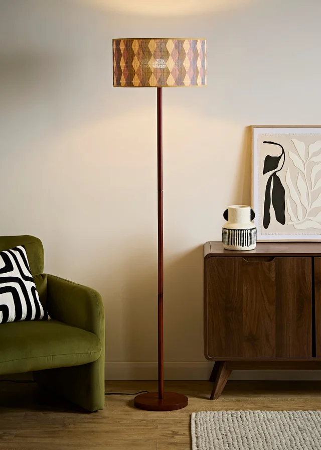 ValueLights Heather Dark Wood Stem Floor Lamp with Harlequin Bamboo Drum Shade