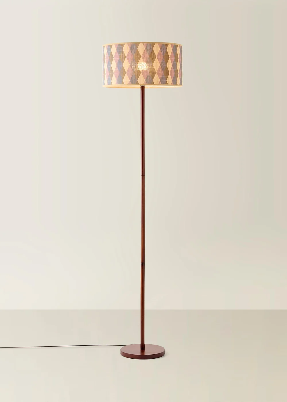 ValueLights Heather Dark Wood Stem Floor Lamp with Harlequin Bamboo Drum Shade - One Size Image 3