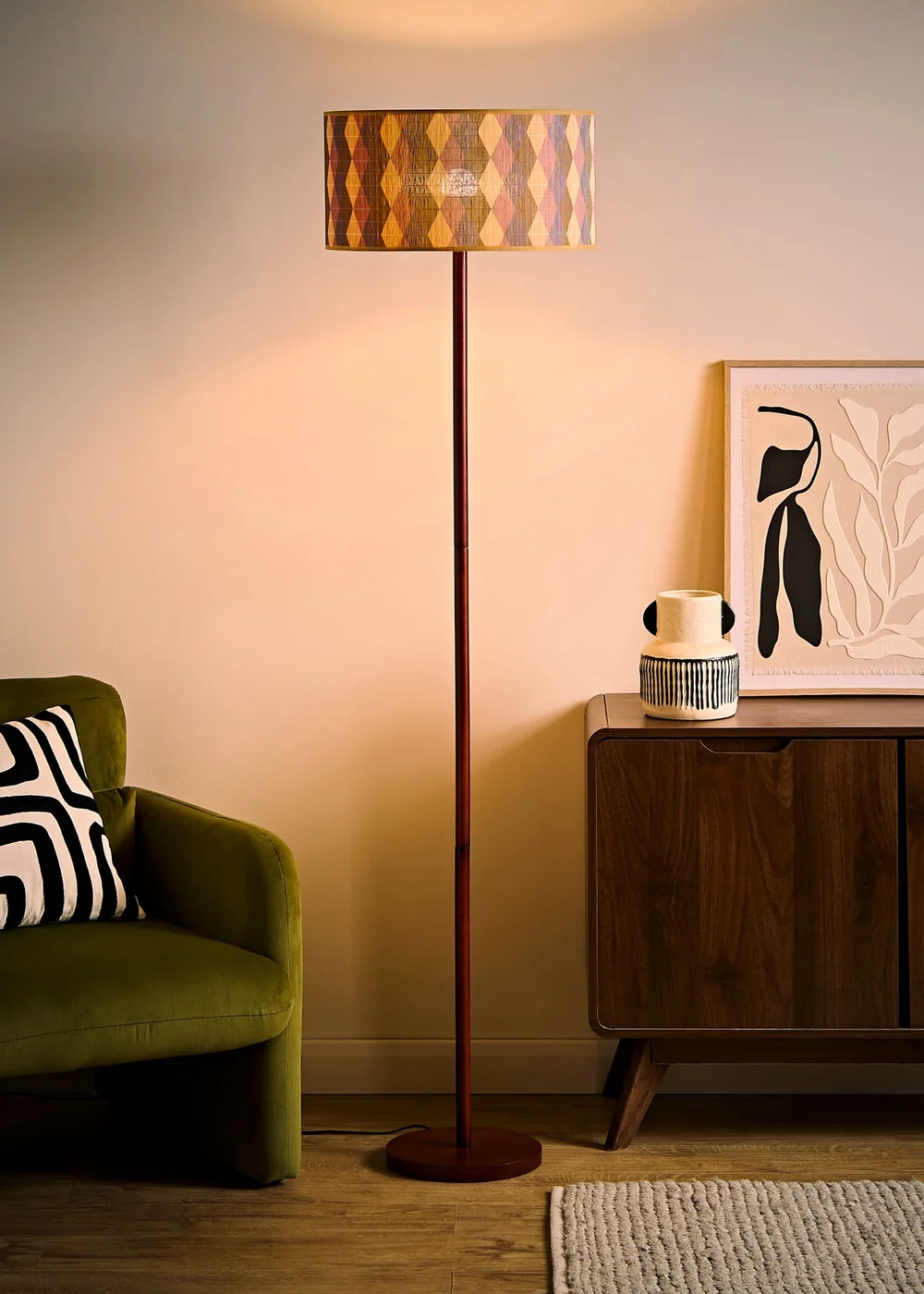 ValueLights Heather Dark Wood Stem Floor Lamp with Harlequin Bamboo Drum Shade - One Size Image 2