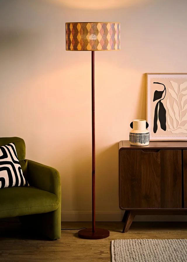 ValueLights Heather Dark Wood Stem Floor Lamp with Harlequin Bamboo Drum Shade