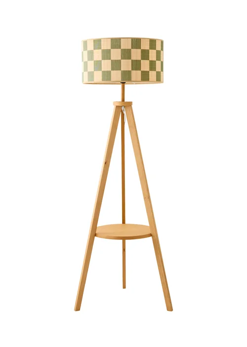 ValueLights Morrigan Walnut Tripod Shelf Floor Lamp with Checkerboard Bamboo Shade - One Size Image 5