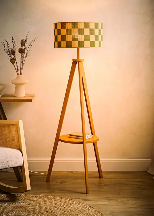 ValueLights Morrigan Walnut Tripod Shelf Floor Lamp with Checkerboard Bamboo Shade - One Size Image 2