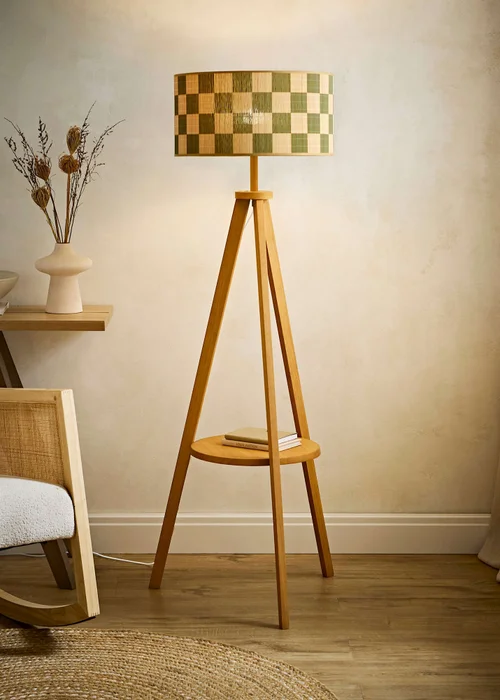 ValueLights Morrigan Walnut Tripod Shelf Floor Lamp with Checkerboard Bamboo Shade - One Size Image 1