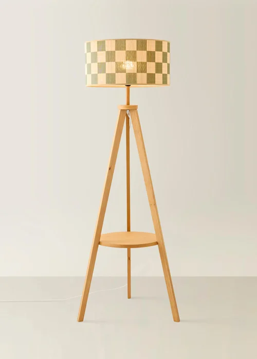 ValueLights Morrigan Walnut Tripod Shelf Floor Lamp with Checkerboard Bamboo Shade - One Size Image 3