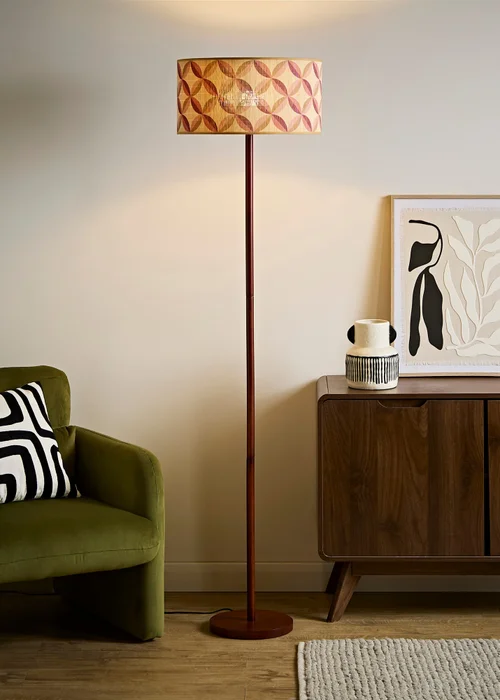 ValueLights Heather Dark Wood Stem Floor Lamp with Geometric Bamboo Drum Shade - One Size Image 1