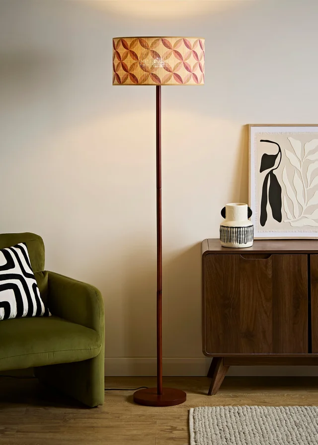 ValueLights Heather Dark Wood Stem Floor Lamp with Geometric Bamboo Drum Shade