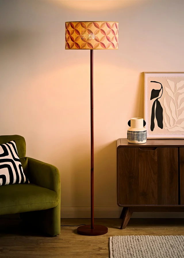 ValueLights Heather Dark Wood Stem Floor Lamp with Geometric Bamboo Drum Shade