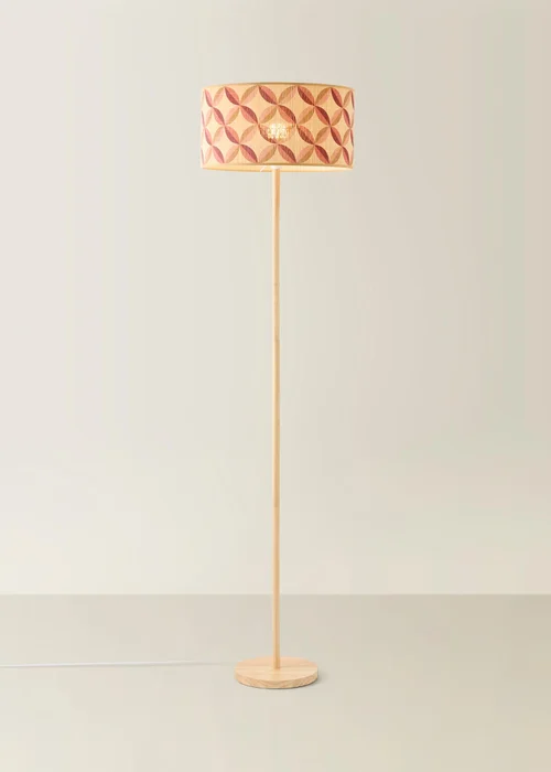 ValueLights Heather Light Wood Stem Floor Lamp with Geometric Bamboo Drum Shade - One Size Image 3