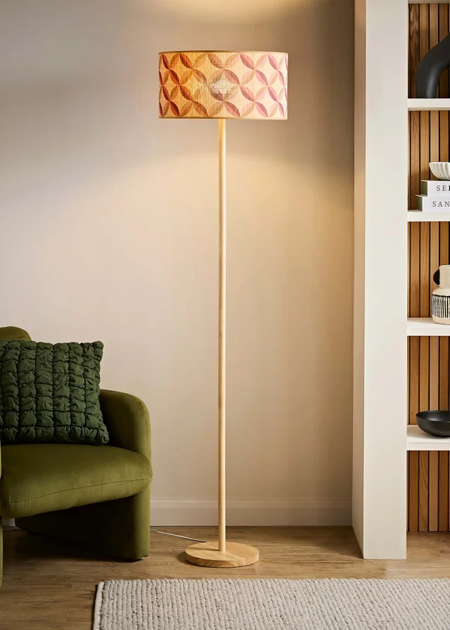ValueLights Heather Light Wood Stem Floor Lamp with Geometric Bamboo Drum Shade