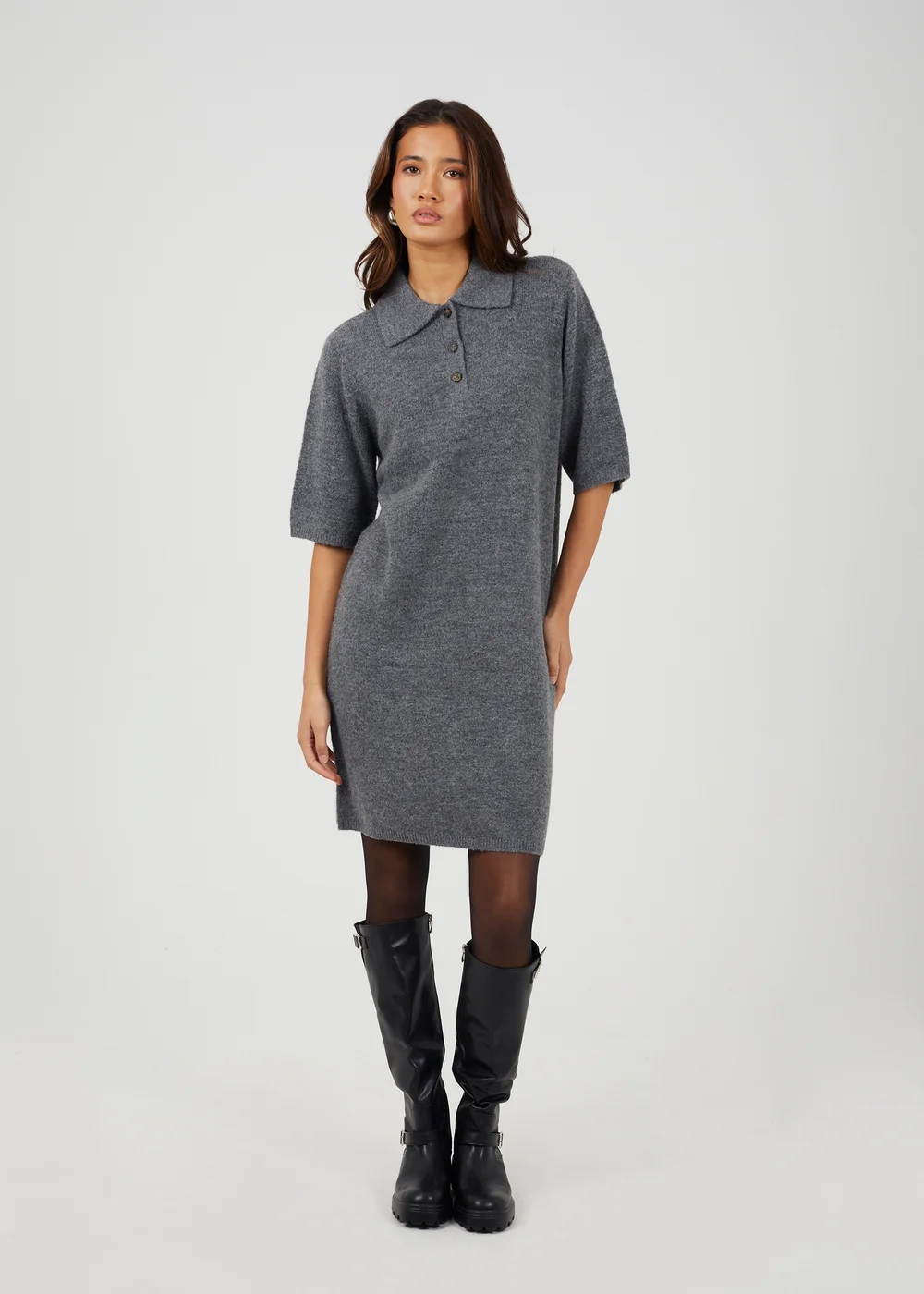 Brave Soul Dark Grey Button Collar Knitted Mini Dress - L Image 2