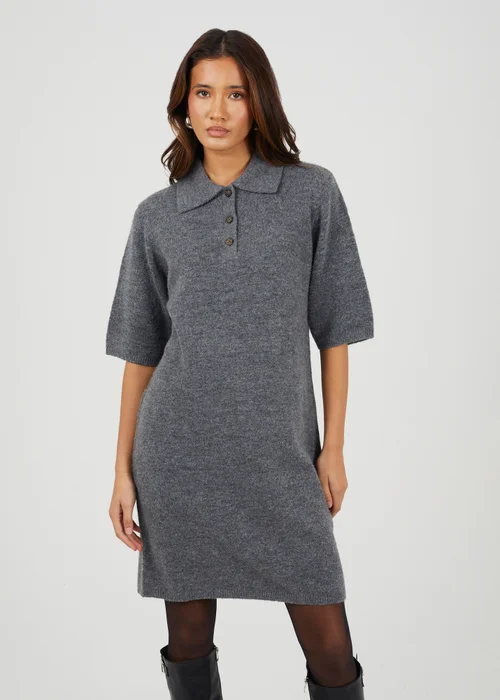 Brave Soul Dark Grey Button Collar Knitted Mini Dress - L Image 1