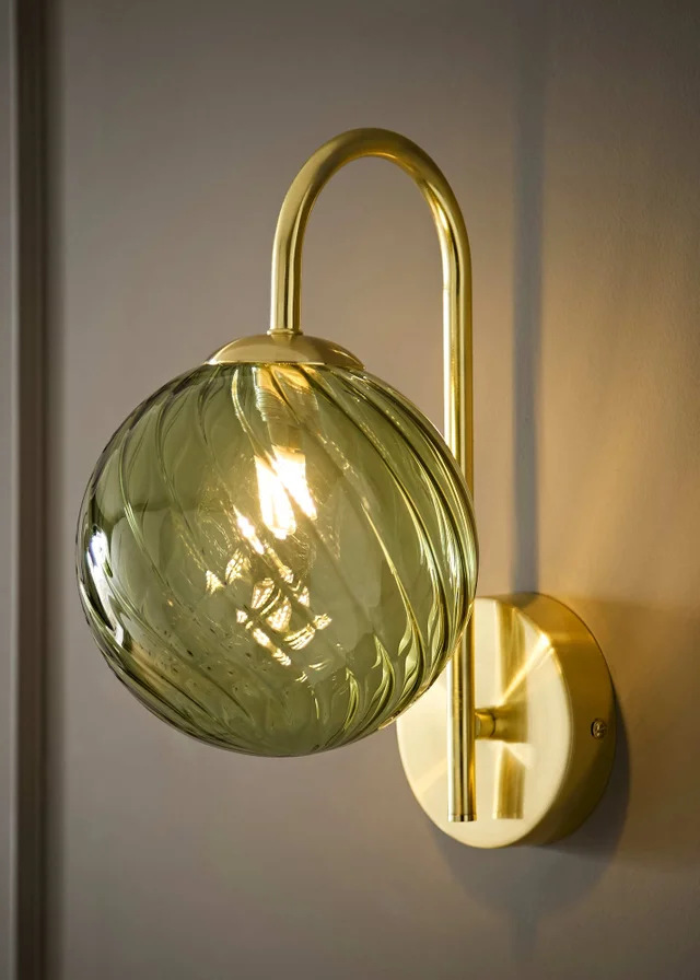 ValueLights Sydney Brushed Gold Green Twill Glass Semi Flush Wall Light