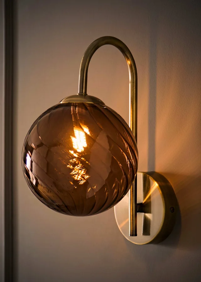 ValueLights Sydney Brushed Brass Brown Twill Glass Semi Flush Wall Light