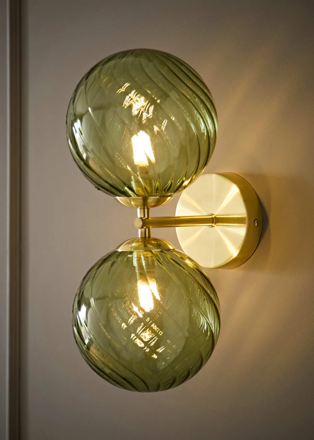 ValueLights Sydney Brushed Gold Two Arm Green Twill Glass Semi Flush Wall Light - One Size Image 1