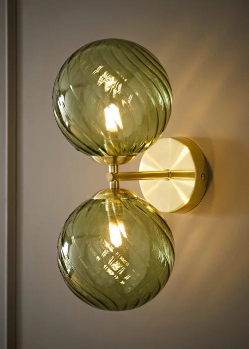 ValueLights Sydney Brushed Gold Two Arm Green Twill Glass Semi Flush Wall Light - One Size Image 1