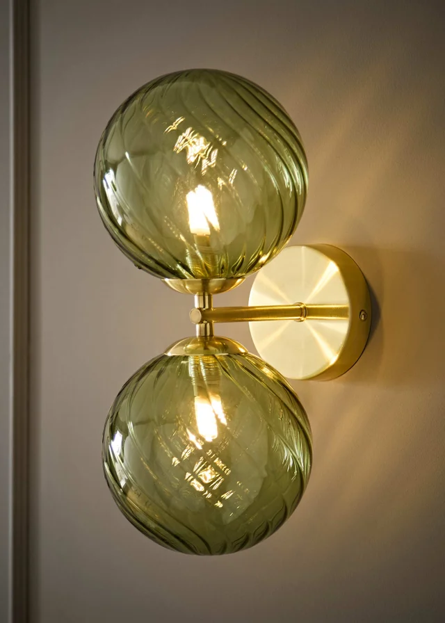 ValueLights Sydney Brushed Gold Two Arm Green Twill Glass Semi Flush Wall Light