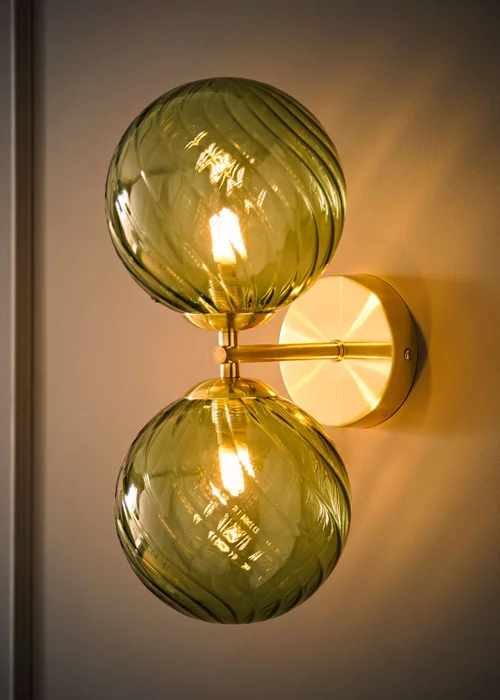 ValueLights Sydney Brushed Gold Two Arm Green Twill Glass Semi Flush Wall Light - One Size Image 2