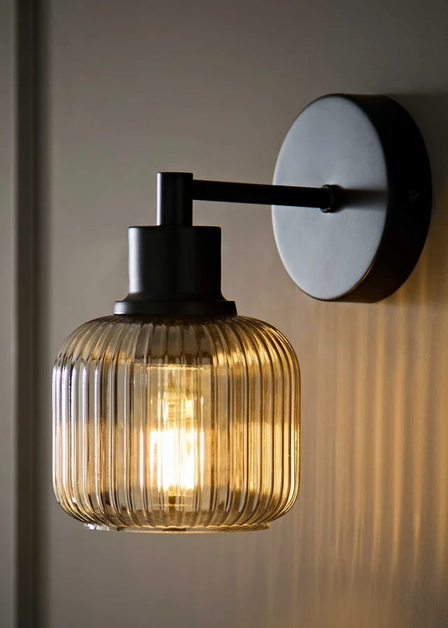 ValueLights Calpe Matte Black Ribbed Smoke Glass Semi Flush Wall Light