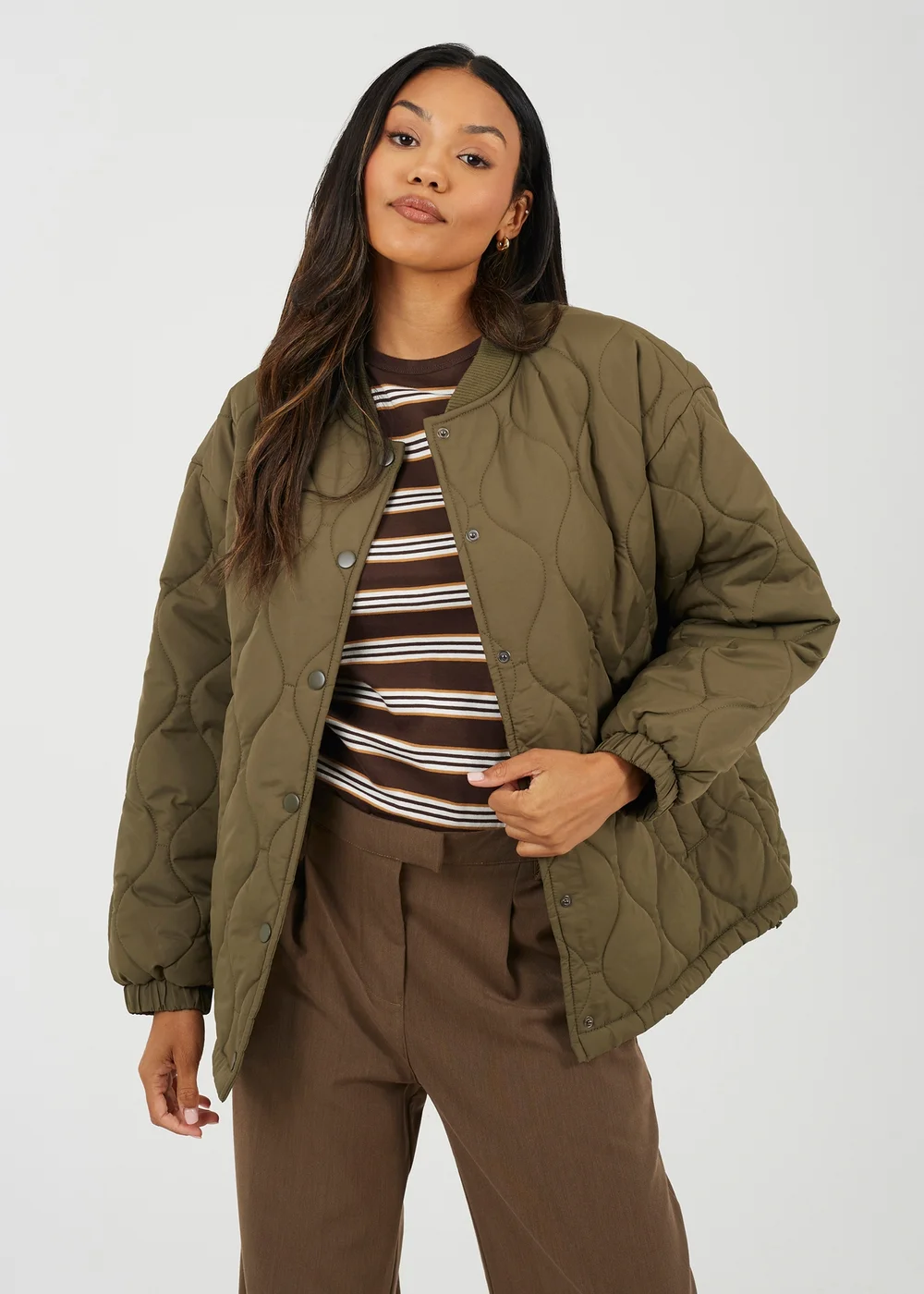 Brave Soul Khaki Oversized Quilted Jacket - 8 Image 1