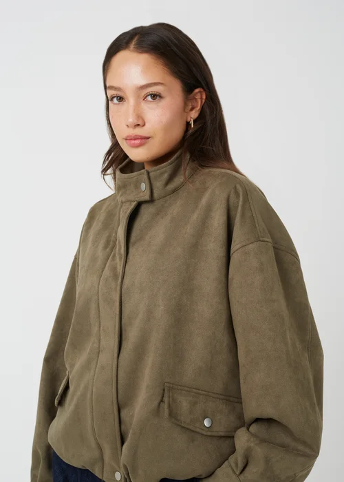 Brave Soul Khaki Faux Suede Short Bomber Jacket - 16 Image 4