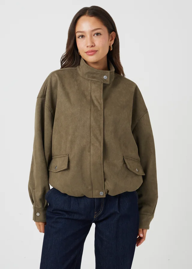Brave Soul Khaki Faux Suede Short Bomber Jacket