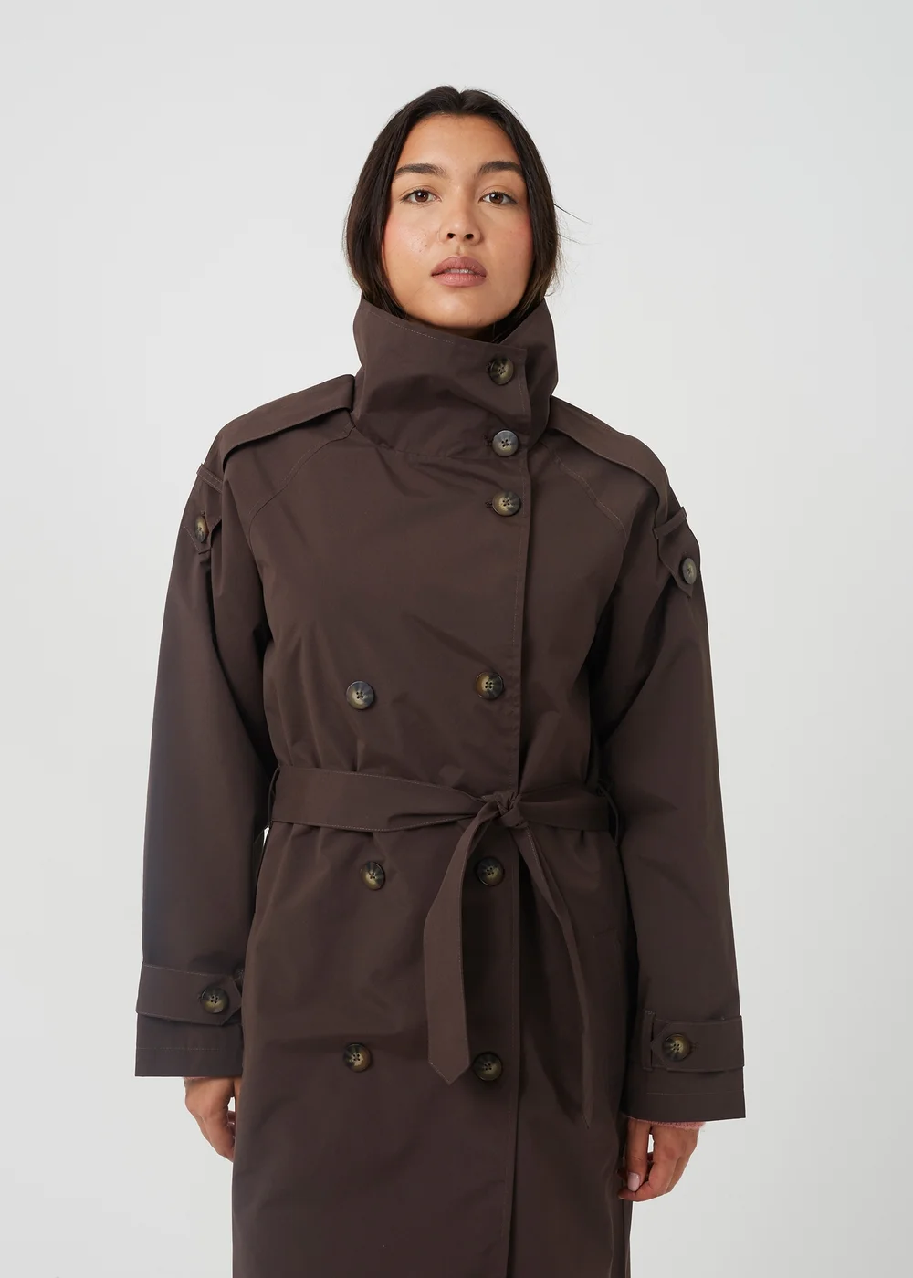 Brave Soul Chocolate Oversized Collar Maxi Double Breasted Mac - 10 Image 4