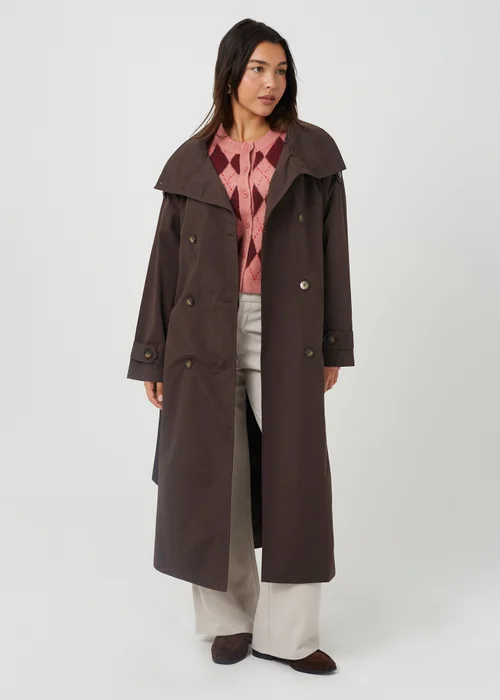 Brave Soul Chocolate Oversized Collar Maxi Double Breasted Mac - 10 Image 1