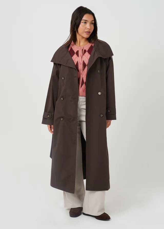 Brave Soul Chocolate Oversized Collar Maxi Double Breasted Mac