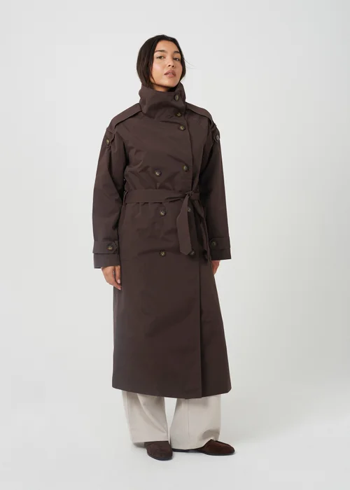 Brave Soul Chocolate Oversized Collar Maxi Double Breasted Mac - 10 Image 3