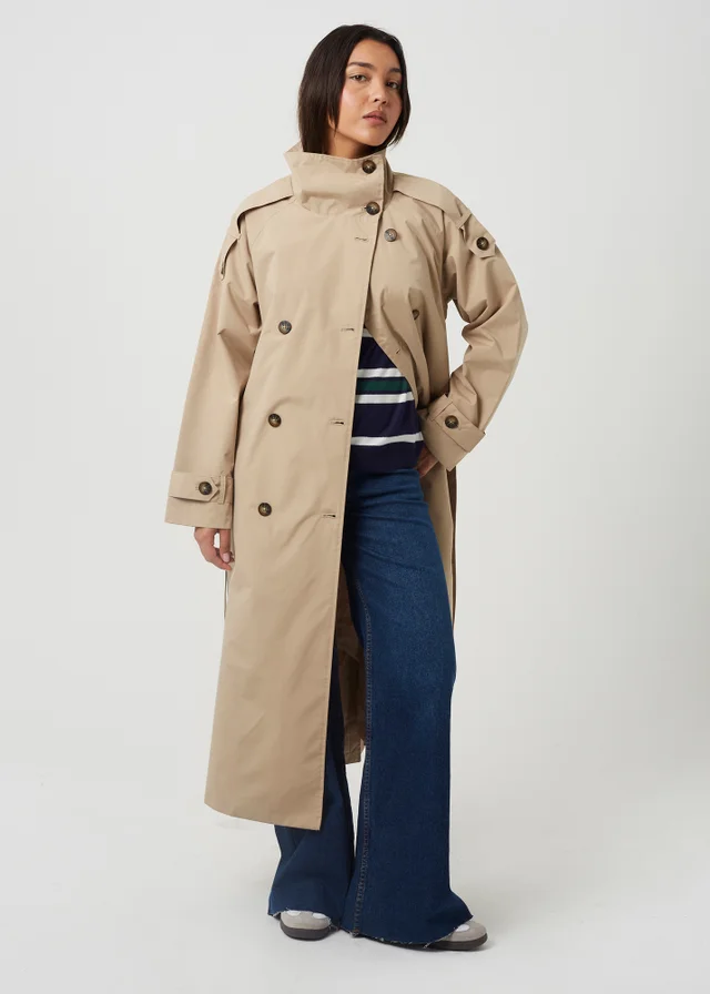 Brave Soul Stone Oversized Collar Maxi Double Breasted Mac