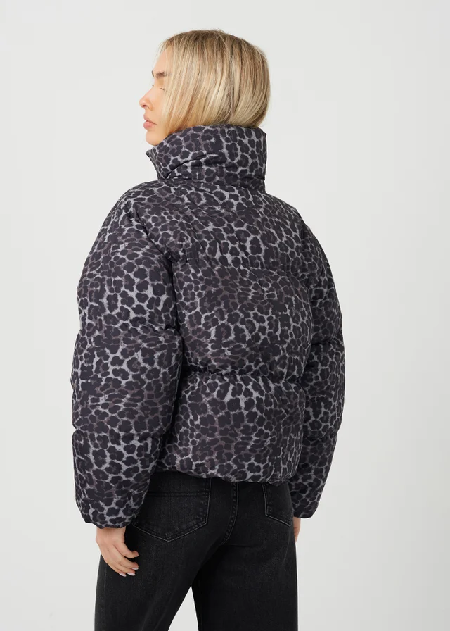 Brave Soul Grey Leopard Print Short Puffer Jacket