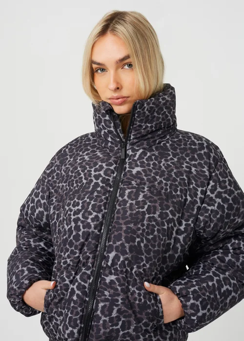 Brave Soul Grey Leopard Print Short Puffer Jacket - 12 Image 4