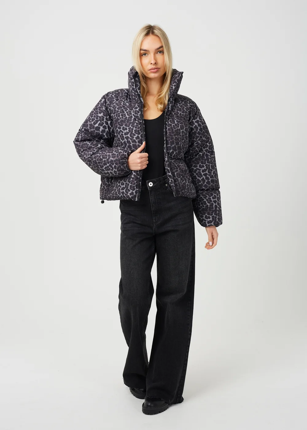 Brave Soul Grey Leopard Print Short Puffer Jacket - 12 Image 3