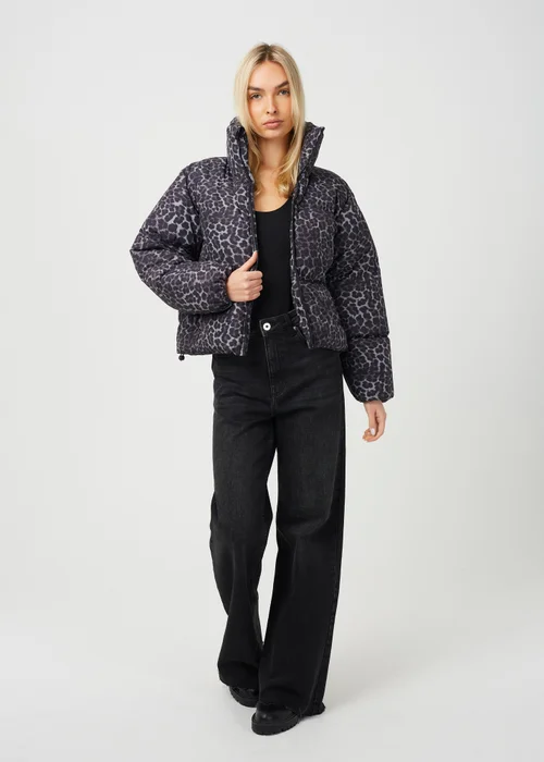 Brave Soul Grey Leopard Print Short Puffer Jacket - 12 Image 3