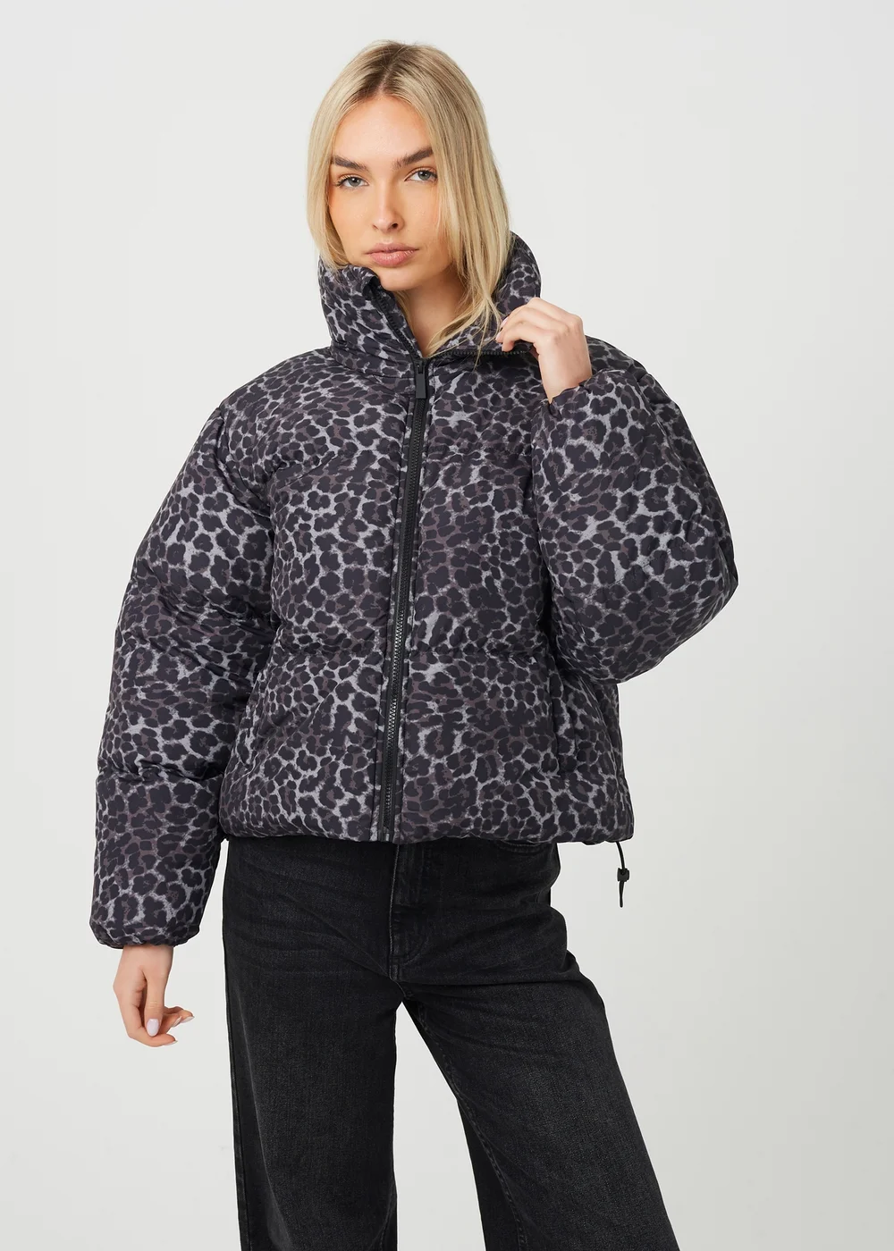 Brave Soul Grey Leopard Print Short Puffer Jacket - 12 Image 1