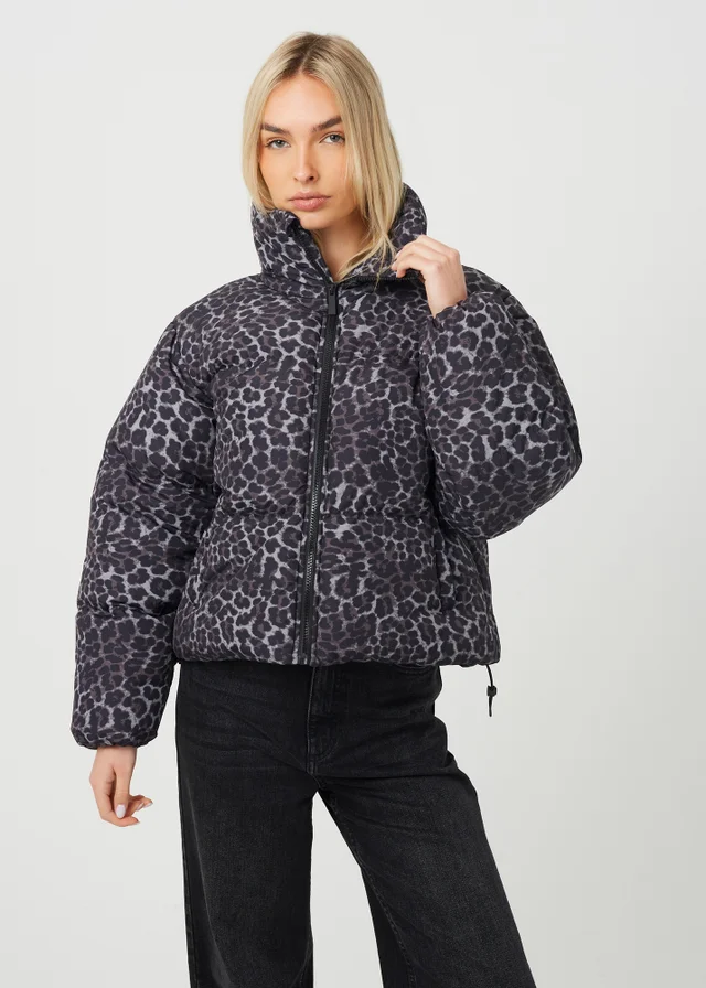 Brave Soul Grey Leopard Print Short Puffer Jacket