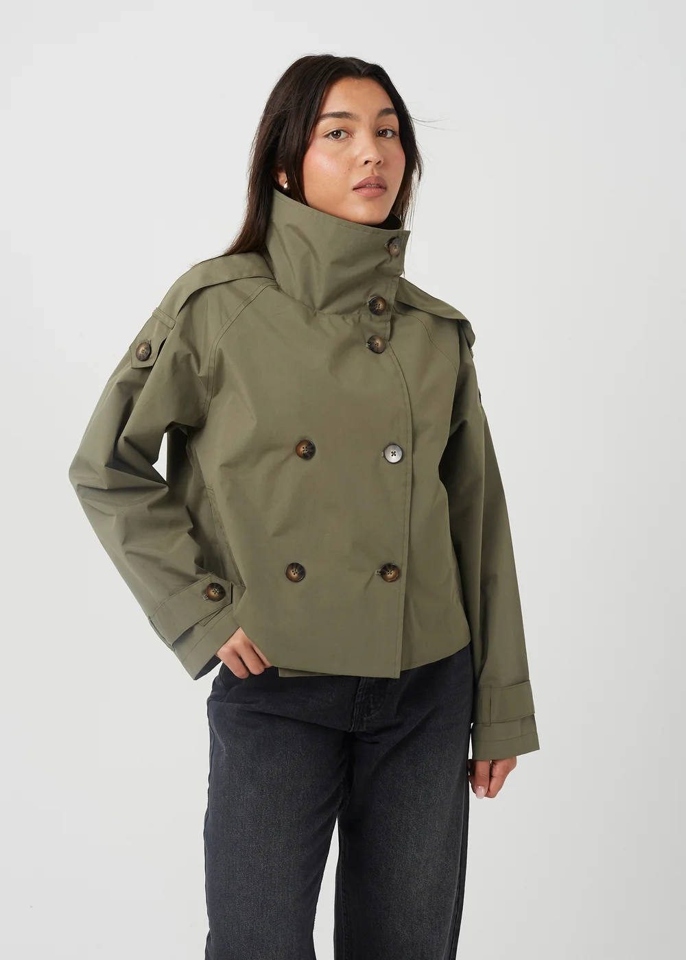 Brave Soul Khaki Oversized Collar Short Double Breasted Mac - 14 Image 1