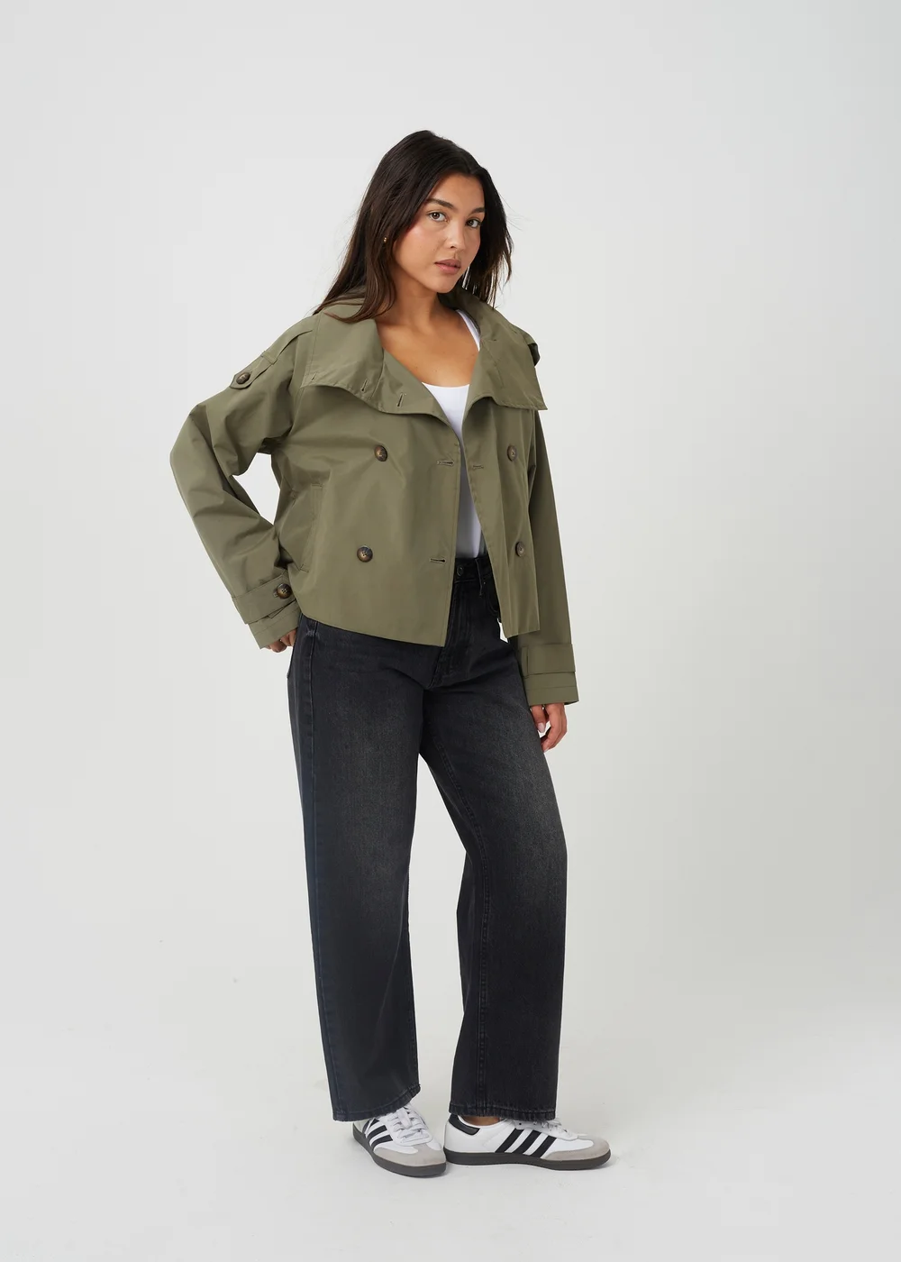 Brave Soul Khaki Oversized Collar Short Double Breasted Mac - 14 Image 3